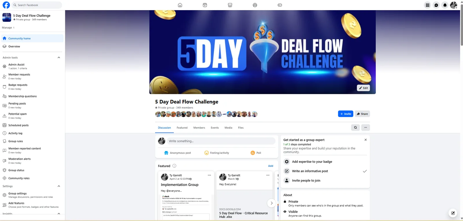5 Day Deal Flow Challenge private Facebook group — members, discussion feed, and implementation posts